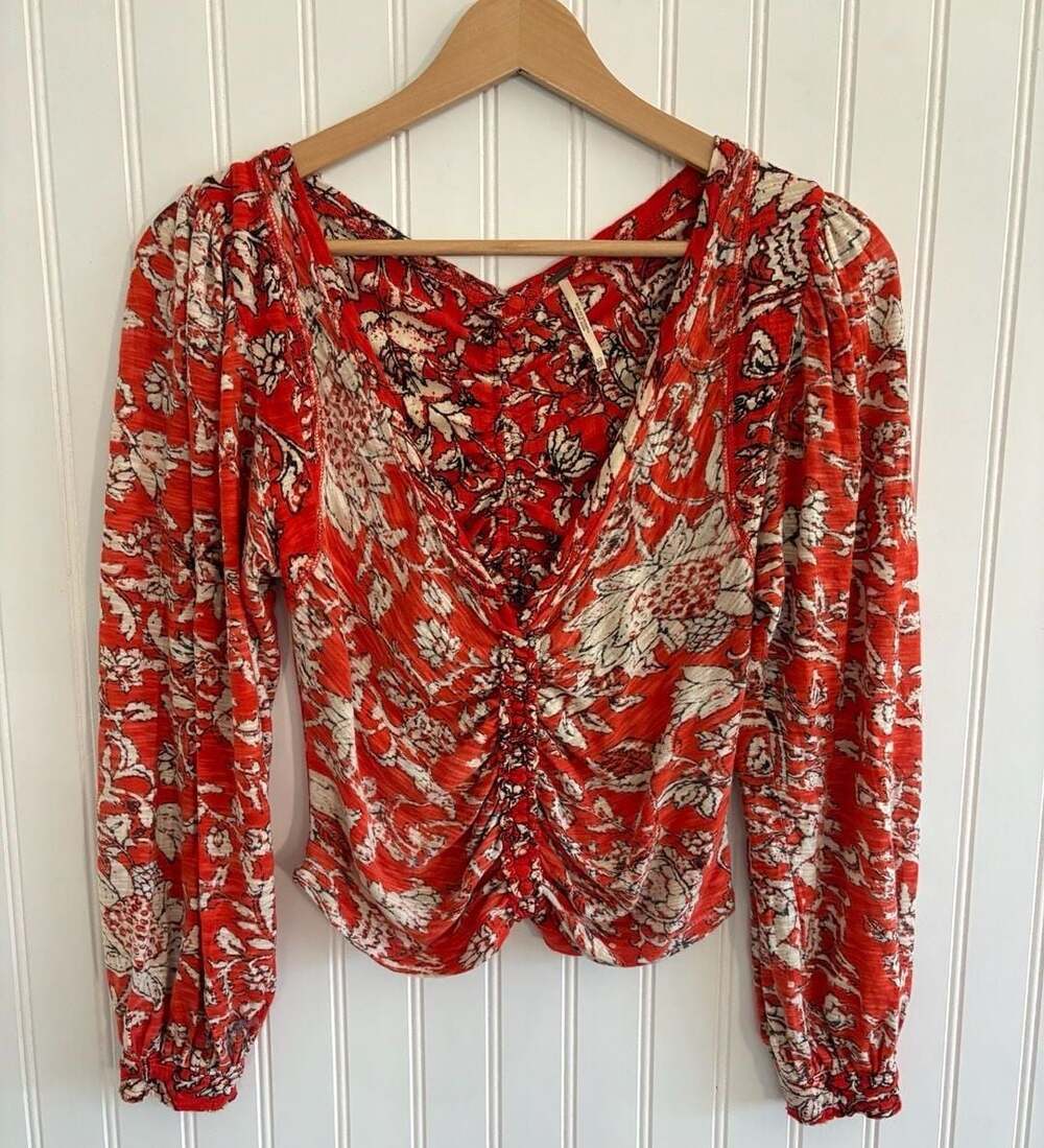 Boho Free People Say The Word Floral Print Ruby Red Ruched Long Sleeve Top XS